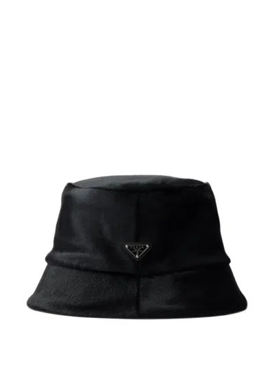 Prada Calf Hair Leather Bucket Hat In Black