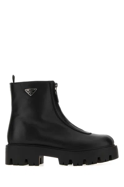 Prada Calf Leather Ankle Boots With Rubber Sole In Black