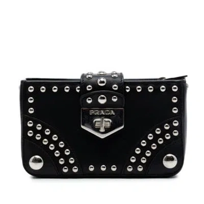 Pre-owned Prada Calf Leather City Calfskin Studded Elektra Turn Lock Clutch In Black