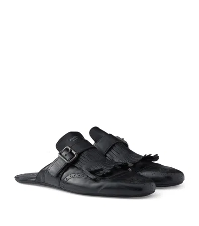 Prada Calf Leather Fringed Monk Strap Mules In Black