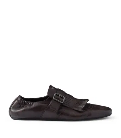 Prada Calf Leather Fringed Monk-strap Shoes In Brown