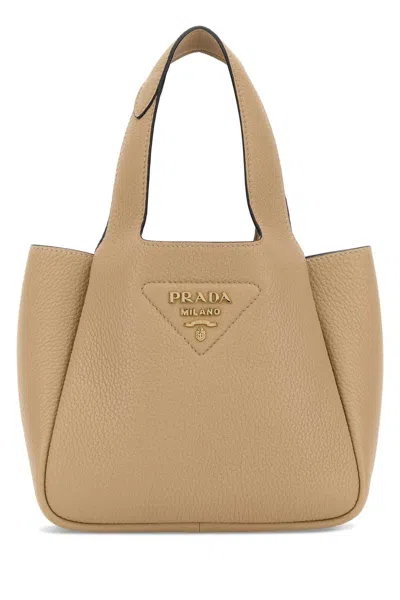 Prada Calf Leather Handbag With Structured Shape In Beige O Tan