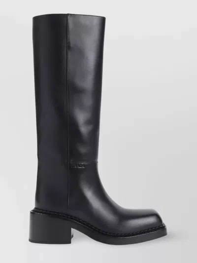Prada Calf Leather Knee-high Boots With Squared Toe In Black