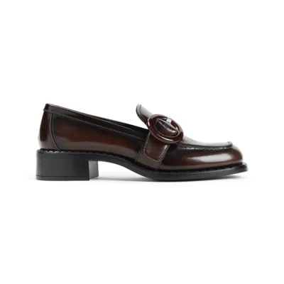 Prada Calf Leather Loafers With Circular Buckle Detail In Brown