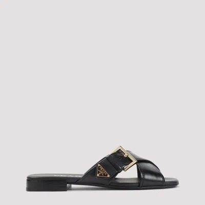 Prada Leather Crisscross Slides With Buckle Shoes In Black