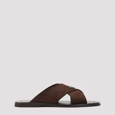 Prada Suede Leather Flat Sole Sandals In Brown