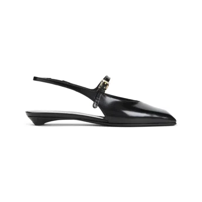 Prada Calf Leather Slingback Slippers With Glossy Finish In Black