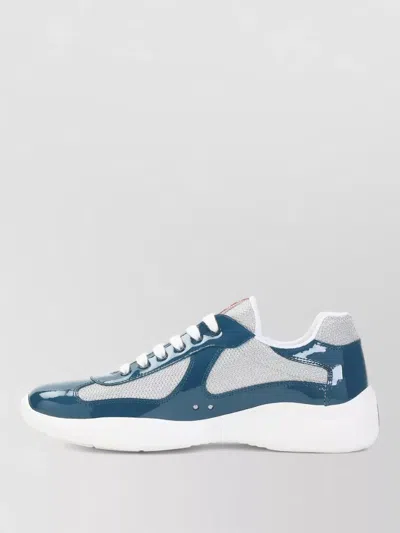 Prada Calf Leather Sneakers Petrolio Silver Mesh In Blue