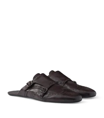 Prada Calfskin Monk-strap Mules In Brown