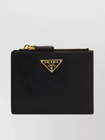 Prada Calfskin Textured Leather Gold-tone Hardware Purse In Black