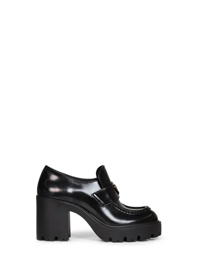 Prada Calzature Black Brushed Leather Heeled Loafers