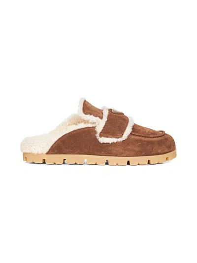 Prada Calzature Brown Suede And Shearling Mules