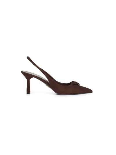 Prada Calzature Brown Suede Slingback Pumps In White