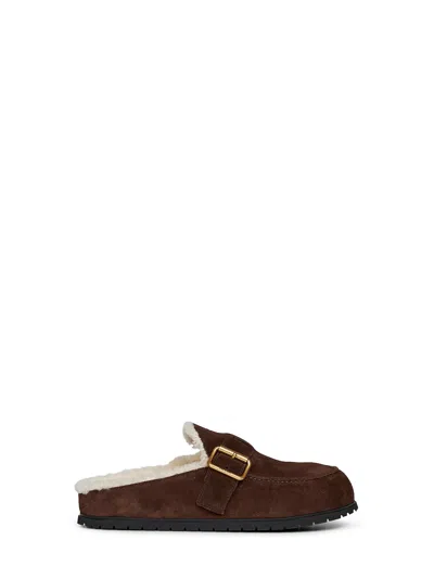 Prada Calzature Dark Brown Suede And Shearling Mules