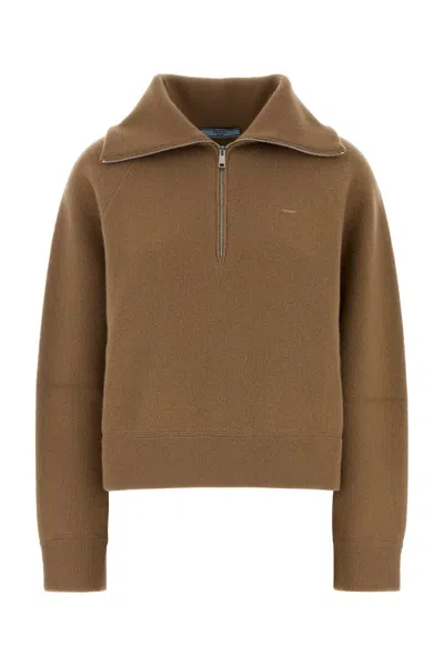 Prada Camel Cashmere Polo Shirt In Brown