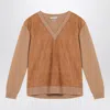 Prada Wool And Suede V-neck Sweater In Brown