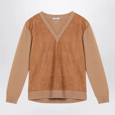 PRADA PRADA  CAMEL-COLORED WOOL AND SUEDE SWEATER