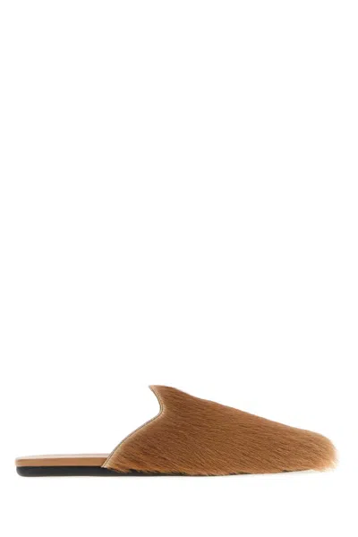 Prada Camel Leather Hair Slippers In Black