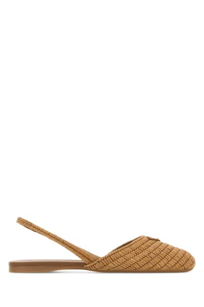 Prada Camel Raffia Ballerinas In Brown