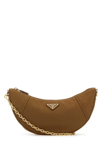 Prada Camel Re Nylon  Demi Lune Shoulder Bag In White