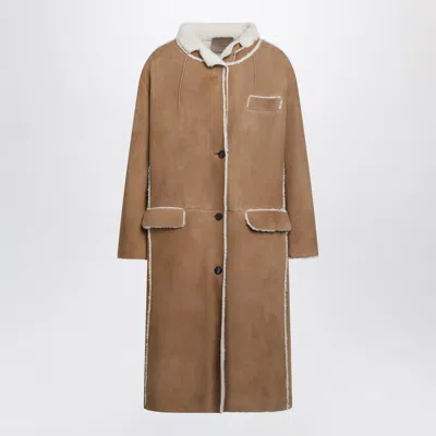 Prada Camel Shearling Mini Coat In Animal Print