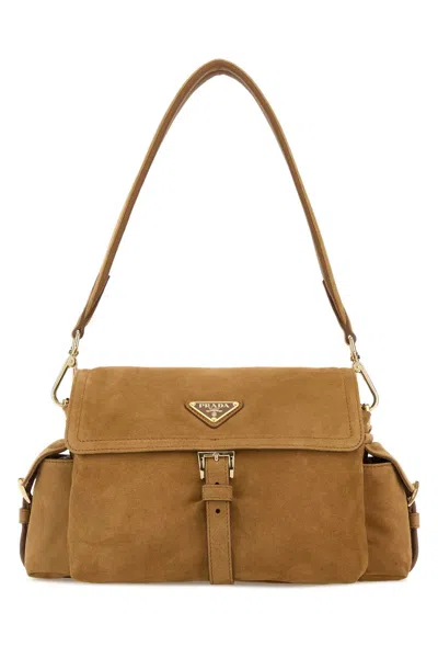 Prada Camel Suede Shoulder Bag In Brown