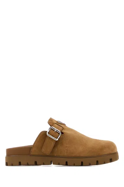 Prada Camel Suede Slippers In Brown