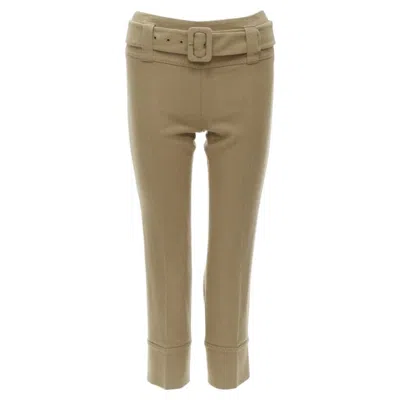 Pre-owned Prada Camel Tan Wool Buckle Belt Tapered Cropped Pants Xs In Brown