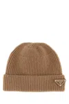 Prada Camel Wool Blend Beanie Hat In Brown