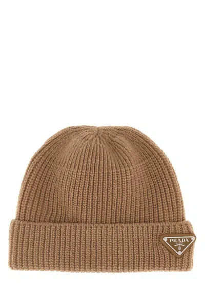 PRADA CAMEL WOOL BLEND BEANIE HAT