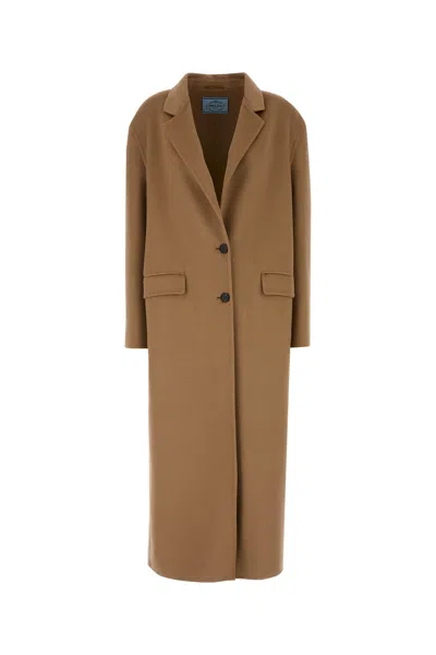 Prada Cappotto In Misto Lana Cammello Donna In Brown