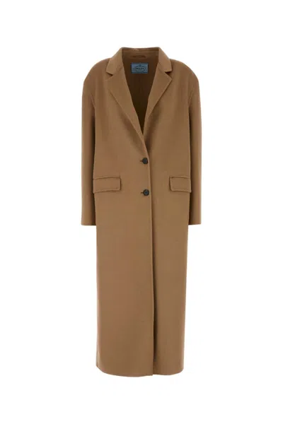 Prada Cappotto In Misto Lana Cammello Donna In Brown