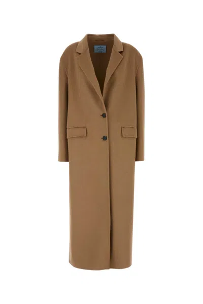 Prada Cappotto In Misto Lana Cammello Donna In Brown