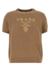 Prada Short Sleeve Crew Neck Ribbed Hem Sweater In Cammello+oro
