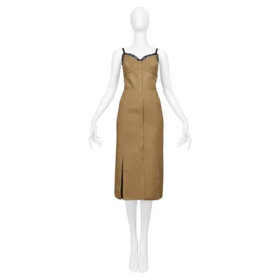 Pre-owned Prada Camel Wool Dress With Snaps And Black Lace