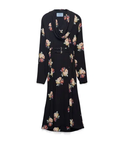 Prada Floral Cowl-neck Leather Belted Midi Dress In Black