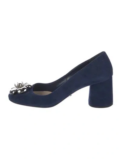 Pre-owned Prada Camellia Accent Suede Pumps In Blue