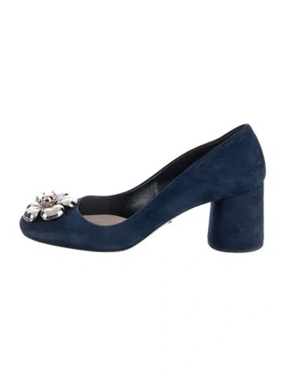 Pre-owned Prada Camellia Accent Suede Pumps In Blue