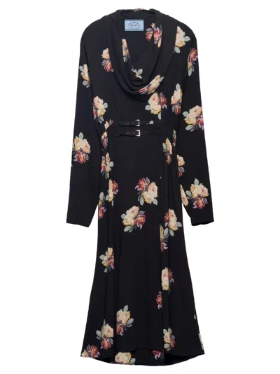 Prada Floral Cowl-neck Leather Belted Midi Dress In Black