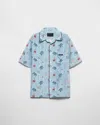 Prada Satin Shirt With Printed Design And Pocket In Blue