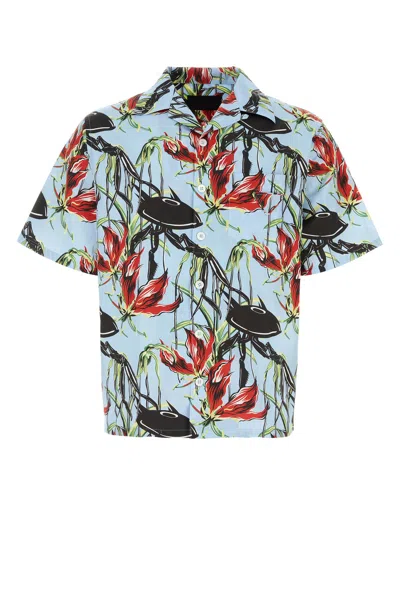 Prada Multicolor Printed Poplin Shirt In Blue Multi