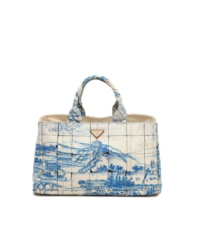 Pre-owned Prada Canapa Azelejos Tote Bag In Blue