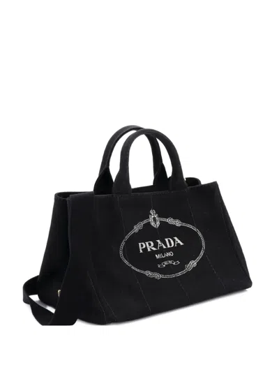 Pre-owned Prada Canapa Convertible Canvas Medium Tote Bag In Black