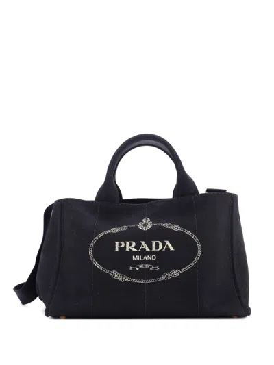 Pre-owned Prada Canapa Convertible Canvas Medium Tote Bag In Black