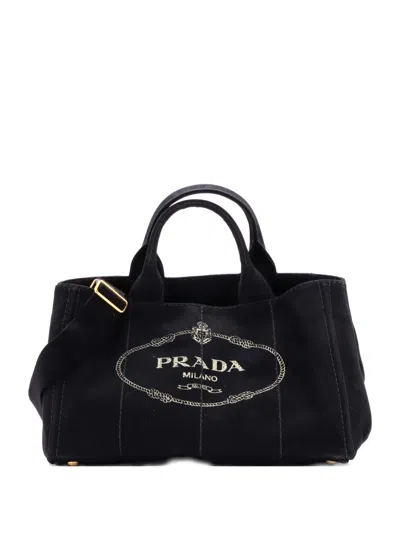 Pre-owned Prada Canapa Convertible Canvas Medium Tote Bag In Black