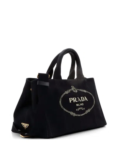 Pre-owned Prada Canapa Convertible Canvas Medium Tote Bag In Black