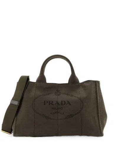 Pre-owned Prada Canapa Convertible Canvas Medium Tote Bag In Green