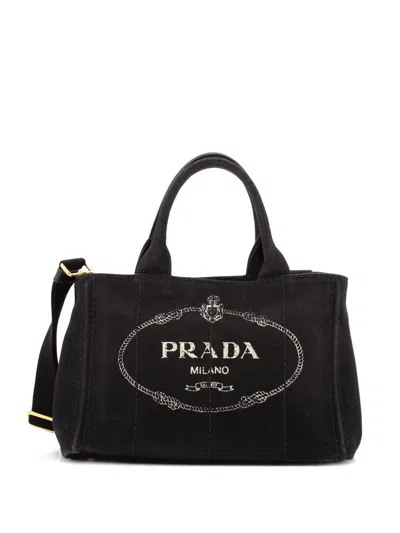 Pre-owned Prada Canapa Convertible Canvas Mini Tote Bag In Black