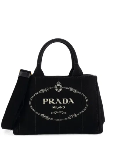 Pre-owned Prada Canapa Convertible Canvas Mini Tote Bag In Black