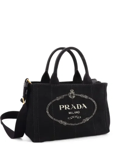 Pre-owned Prada Canapa Convertible Canvas Mini Tote Bag In Black